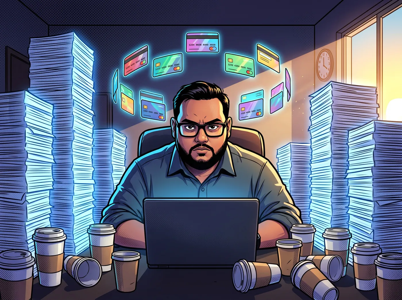 Babo at 4 AM surrounded by towering stacks of bank statements and coffee cups