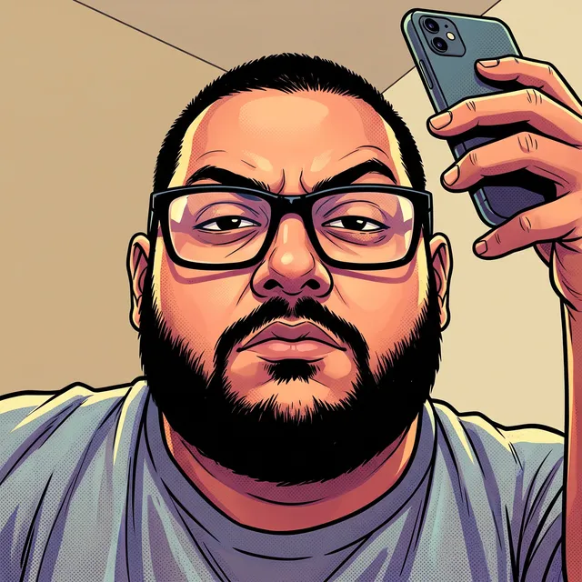 Babo taking a suspicious low-angle selfie with a second phone